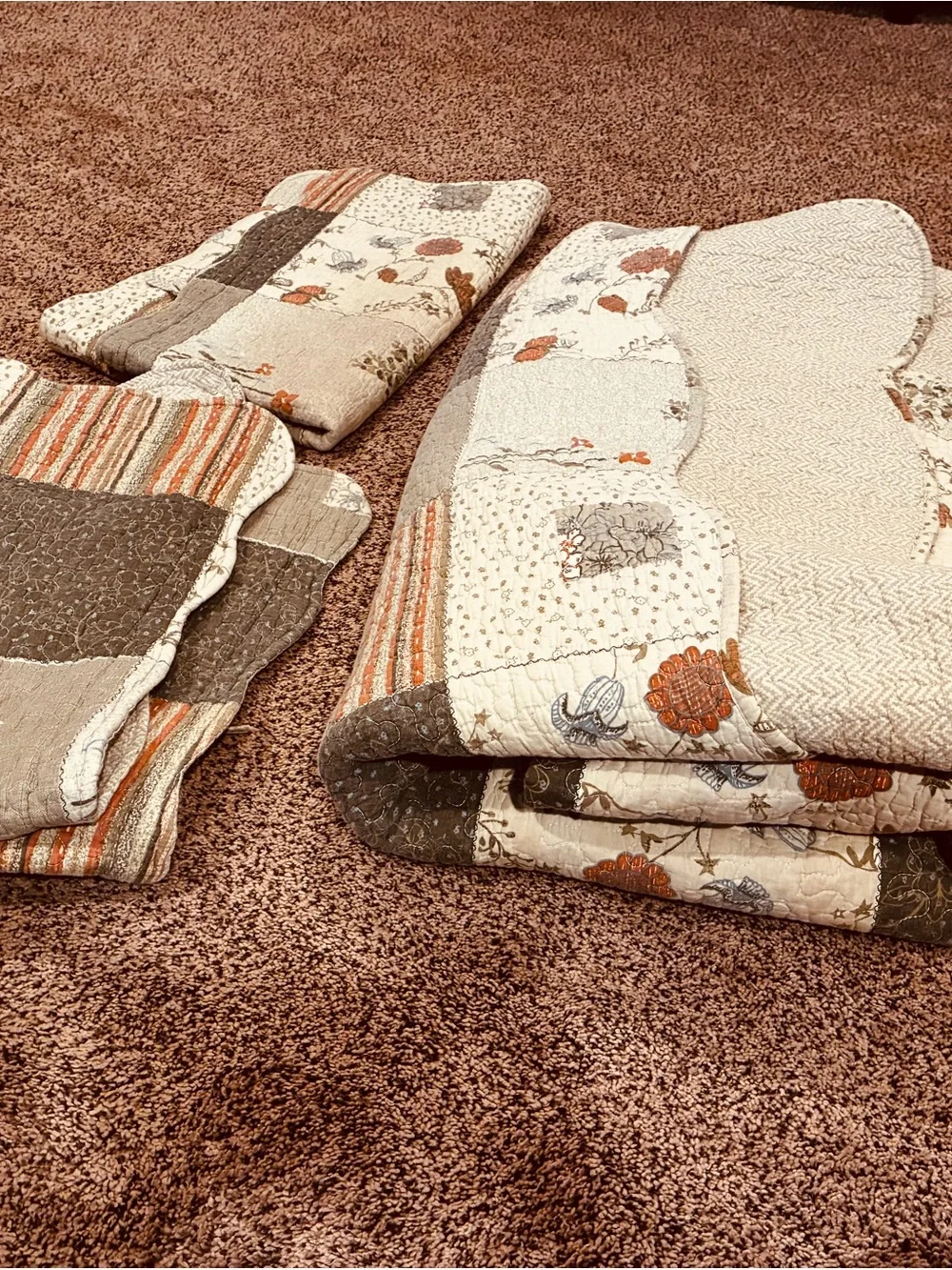 Cottagecore farm core granny core Patchwork king Quilt Brown Cream pillow shams